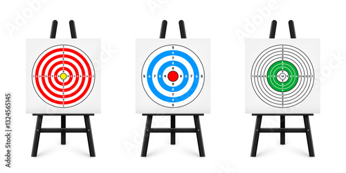 Shooting range target on a wooden easel stand. Paper target with divisions, marks and numbers. Archery, gun shooting and training, sport competition, hunting. Bullseye and aim. Vector illustration