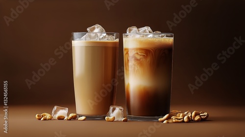 Indulge in Two Refreshing Coffee Drinks With Ice and Nuts Displayed on a Simp...
