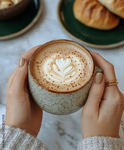 Warm Coffee Mug Cradled by Hands in Cozy Setting With Baked Goods in Background