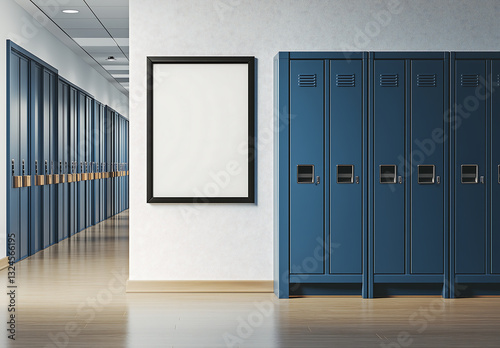 Empty poster frame mockup on a school hallway wall with blue lockers, modern educational institution interior branding template