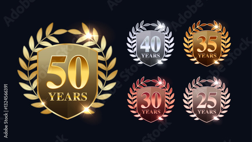 Celebrate Milestones: Badge and Emblem 3D Vector Templates for 25, 30, 35, 40, and 45 Year Anniversaries with Sparkling and Glittering Effects