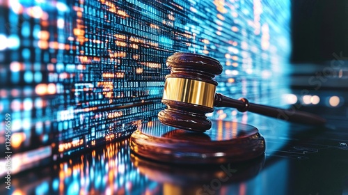 High-tech courtroom scene with gavel and digital law representation illustrating justice