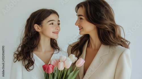 Sisters Enjoying a Moment With Fresh Tulips in a Bright, Minimalist Indoor Se...