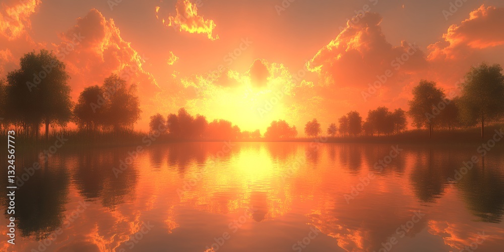 Serene Sunset over Calm Lake with Trees Silhouetted Against Vibrant Sky Serene Sunset over Calm Lake with Trees Silhouetted Against Vibrant Sky