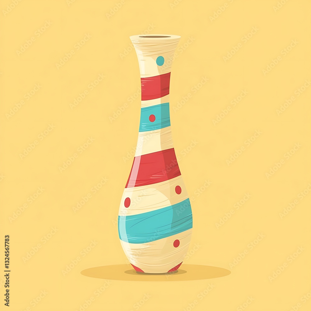 Decorated vase; striped patterns, isolated; on yellow, plain background, for interior decor stock image use Decorated vase; striped patterns, isolated; on yellow, plain background, for interior decor stock image use