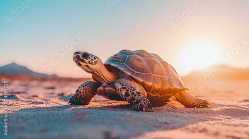 Serene Desert Dweller: A turtle's peaceful walk at sunset