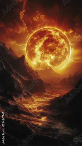 Bright Red Sun Setting Over Rocky Landscape With Dramatic Clouds in Evening Sky