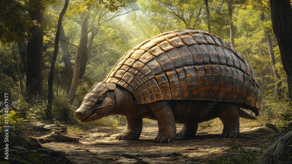 Fototapeta premium A majestic extinct giant armadillo with protective armor walking through a forest.