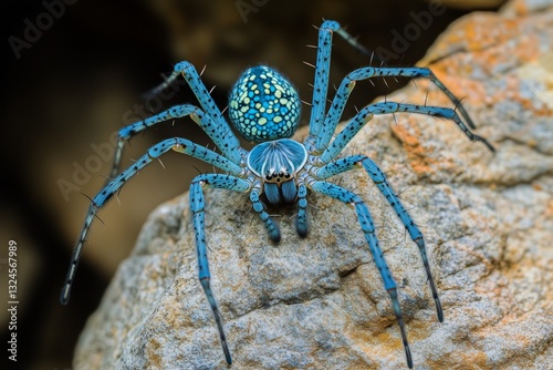 Vibrant Blue Spider Perched on a Rocky Surface in a Natural Habitat During Da...