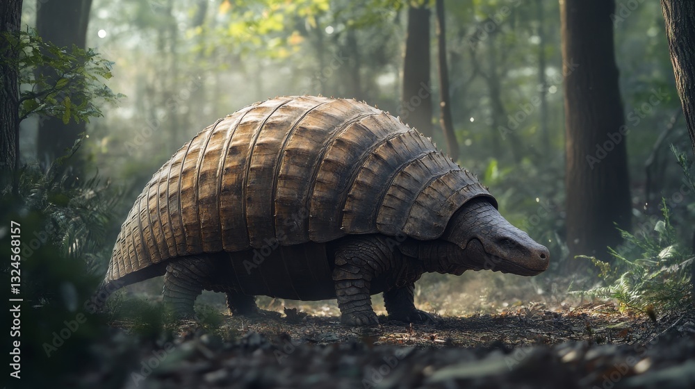 Fototapeta premium A majestic extinct giant armadillo with protective armor walking through a forest.
