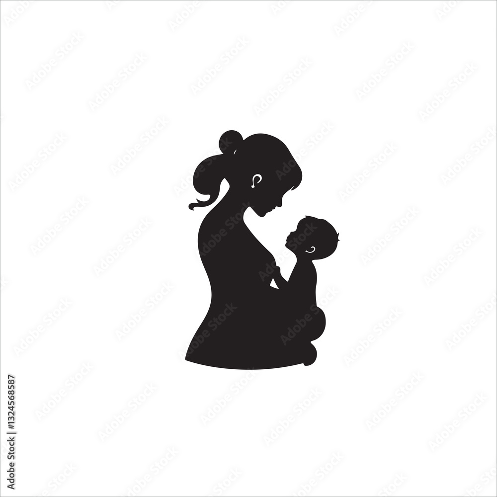 Create a classic black and white vector silhouette logo for Happy Mother's Day. The design should feature a mother and child, using geometric shapes and clean lines for a timeless and elegant. Create a classic black and white vector silhouette logo for Happy Mother's Day. The design should feature a mother and child, using geometric shapes and clean lines for a timeless and elegant.