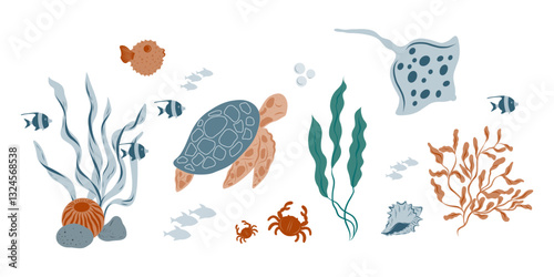 Marine algae, seaweed, corals, plants, shells, fish. Marine inhabitants of the underwater world. Underwater set, turtle, fish, stingray fish, fugue fish, crab
