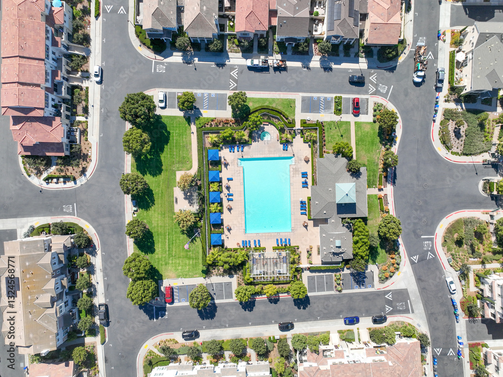 Aerial view of middle class community identical condominium apartment, Oceanside, South California, USA.