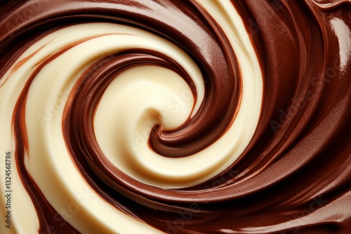 Swirling Chocolate and Vanilla: An overhead shot of creamy white and rich dark chocolate swirls together, evoking the flavors of a delightful treat.