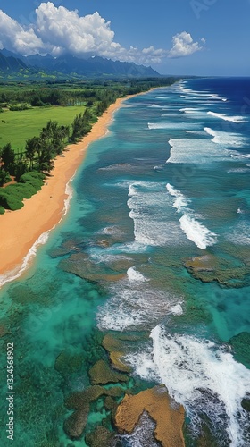 Stunning Aerial View of Serene Beach and Turquoise Ocean at Midday in Tropica...