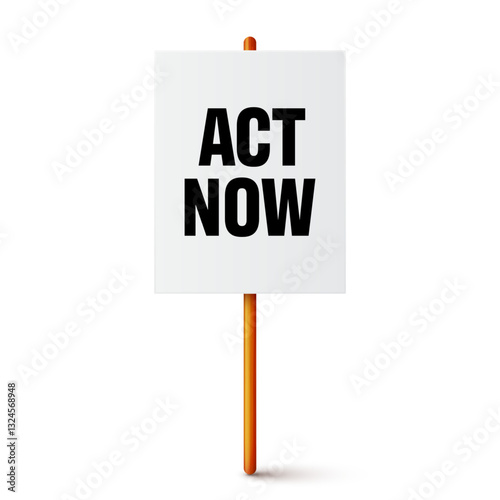 Protest sign with text slogan and wooden holder. Demonstration banner. Strike action cardboard placard mockup. Social advertisement. Vector illustration