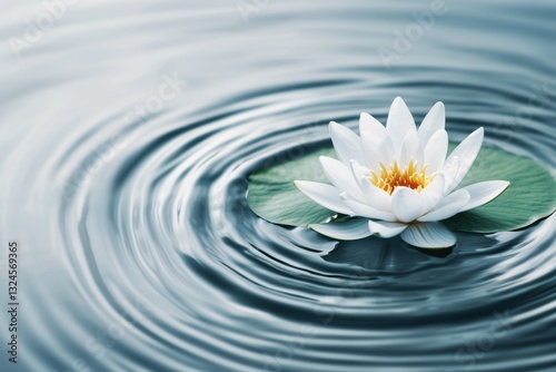 A lily pad floating in a serene lake, with a single flower blooming and soft ripples forming around it