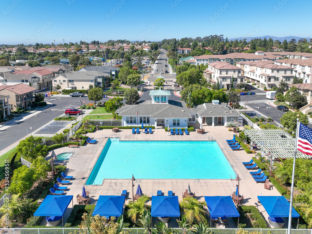 Aerial view of middle class community identical condominium apartment, Oceanside, South California, USA.