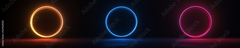 Vibrant Glowing Circles Illuminate A Dark Space With Fiery Orange, Cool Blue, And Passionate Pink Neon Light Vibrant Glowing Circles Illuminate A Dark Space With Fiery Orange, Cool Blue, And Passionate Pink Neon Light