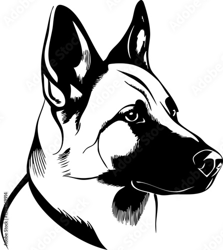 Stilisiertes Porträt eines Hundes in Schwarz-Weiß mit ausgeprägten Gesichtszügen