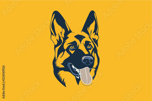 Illustration eines Schäferhundes auf gelbem Hintergrund, fröhlich und aufmerksam