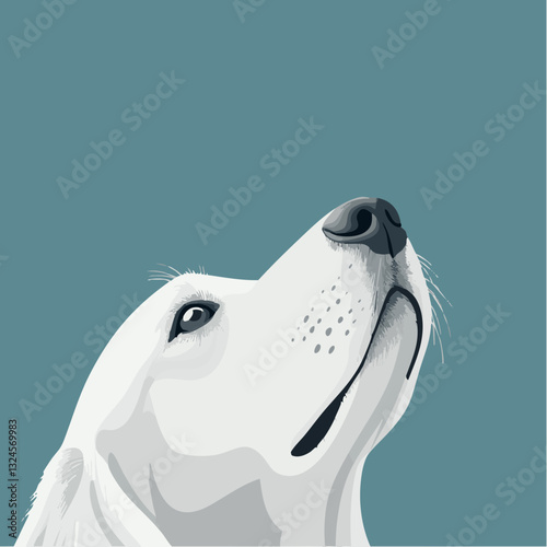 Vektorillustration eines weißen Hundes, der nach oben schaut, auf einem blauen Hintergrund