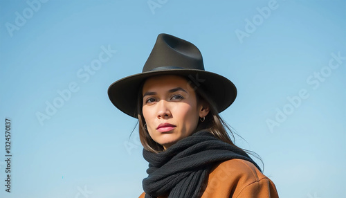 A Confident Woman, Stylish In Her Dark Felt Fedora And Warm Scarf, Gazes Thoughtfully Into The Distance Under A Clear Blue Sky