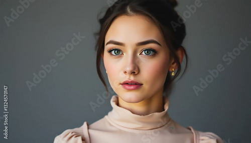 A Captivating Young Woman With Striking Green Eyes And A Serene Expression Gazes Directly At The Camera Against A Muted Grey Backdrop With Soft, Even Lighting