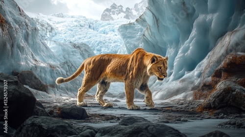 A Pleistocene cave lion walking through a glacial landscape.