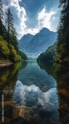 Majestic Mountain Landscape Reflecting on Tranquil Lake Under Partly Cloudy Sky