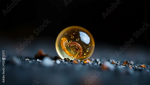 A Golden Orb, A Tiny World Captured, Holding Secrets Of Time And Wonder, Resting Gently On Dark Sand With Subtle Lighting
