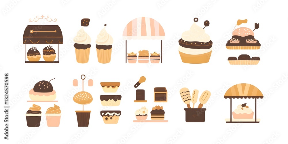 Sweet Treats Showcase: An inviting array of illustrative desserts and a charming ice cream shop, showcasing a delightful collection of sweet treats, designed with vibrant colors and charming details. Sweet Treats Showcase: An inviting array of illustrative desserts and a charming ice cream shop, showcasing a delightful collection of sweet treats, designed with vibrant colors and charming details.