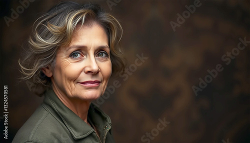 A Mature Womans Serene Gaze, A Quiet Strength In Her Eyes, Captured In Soft, Warm Lighting Against A Rich Brown Backdrop