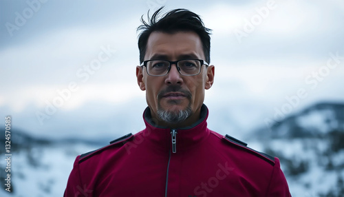 A Pensive Man In A Crimson Jacket Contemplates A Snowy Mountain Vista Under A Brooding Sky, Showcasing A Stark And Serene Portrait