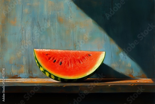 Watermelon Slice on a Wooden Shelf With Textured Blue Background and Soft Sha...