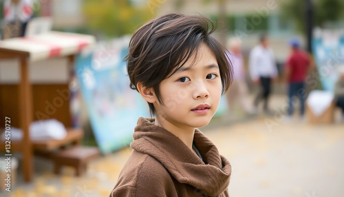 A Pensive Young Boy With Dark Hair Stares Intently, A Quiet Moment Captured Amidst The Soft Blur Of A Bustling Autumn Festival
