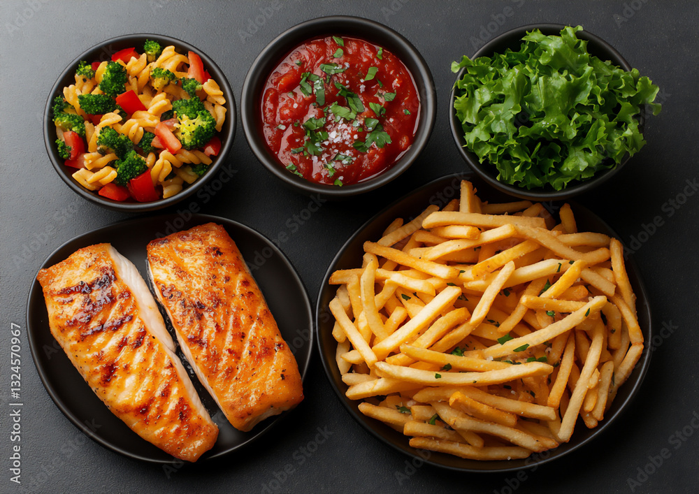 a variety of plates with different dishes, a variety of plates with different dishes,