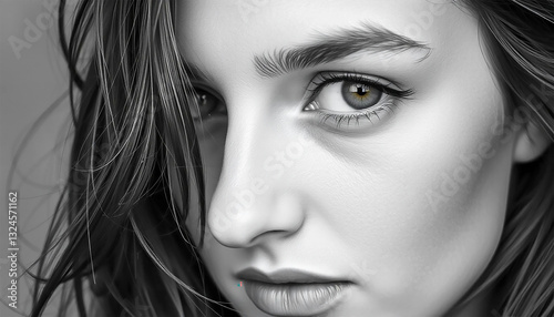 A Pensive Young Womans Gaze, Captured In Striking Black And White, Revealing Subtle Emotions Through Her Expressive Eyes And Flowing Hair