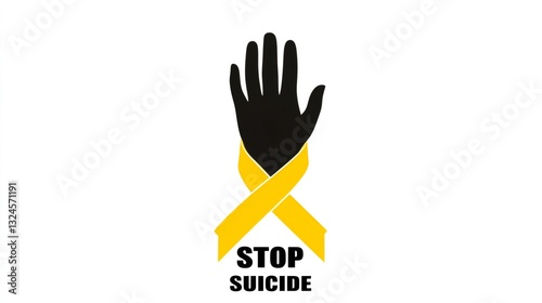 Black hand silhouette gesturing stop sign, yellow ribbon highlighting suicide prevention awareness