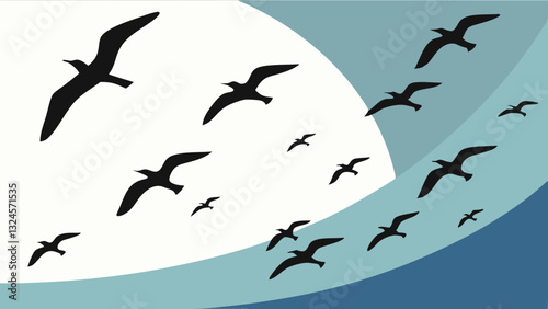 Birds flying over abstract waves in sky evoke freedom and nature harmony for stock illustration.