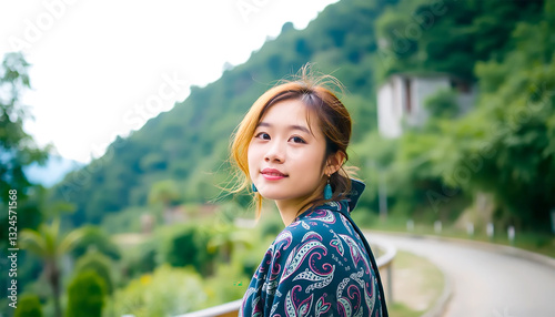 A Serene Young Woman, Gazing Over A Verdant Landscape, Finds Peace In Natures Embrace, Bathed In Soft Sunlight And A Gentle Breeze