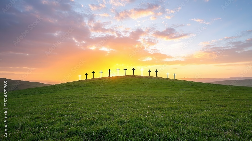Fototapeta premium Silhouetted crosses standing on a grassy hill against a beautiful glowing sunset sky with dramatic clouds