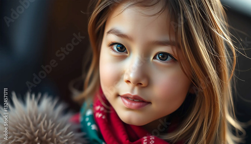 A Sweet Young Girl With Captivating Eyes Gazes Directly At The Camera, Her Expression A Blend Of Innocence And Quiet Confidence, Wearing A Festive Red And Green Scarf Against A Softly Blurred Backgrou