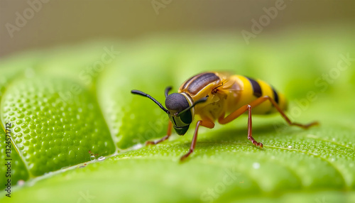 A Tiny Yellow And Black Insect Delicately Perched On A Vibrant Green Leaf, Showcasing Natures Intricate Detail In A Stunning Macro Shot
