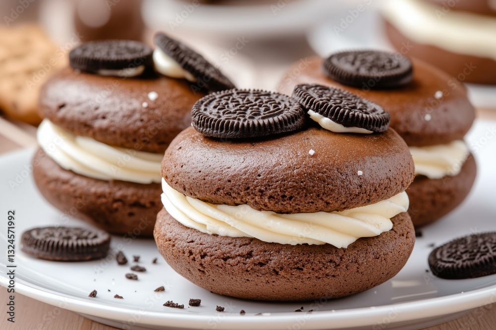 Chocolate Cookie Sandwich Delight: A close-up showcases three delicious chocolate cookie sandwiches filled with a rich, creamy filling, adorned with miniature cookies, set upon a plate. Chocolate Cookie Sandwich Delight: A close-up showcases three delicious chocolate cookie sandwiches filled with a rich, creamy filling, adorned with miniature cookies, set upon a plate.