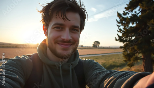 A Young Mans Joyful Sunset Selfie, Capturing A Carefree Moment During A Rural Adventure Bathed In Warm Golden Light