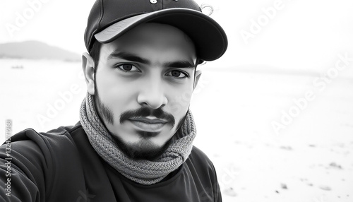 A Young Mans Pensive Gaze, Captured In Monochrome, Reveals A Quiet Strength And Thoughtful Demeanor Against A Softly Blurred Beach Backdrop