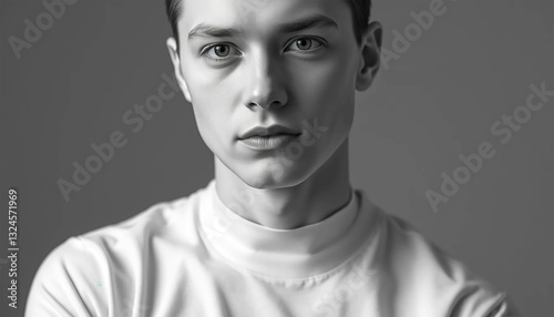 A Young Mans Pensive Gaze, Captured In A Monochrome Portrait Showcasing His Serene Expression And Thoughtful Demeanor Against A Neutral Backdrop