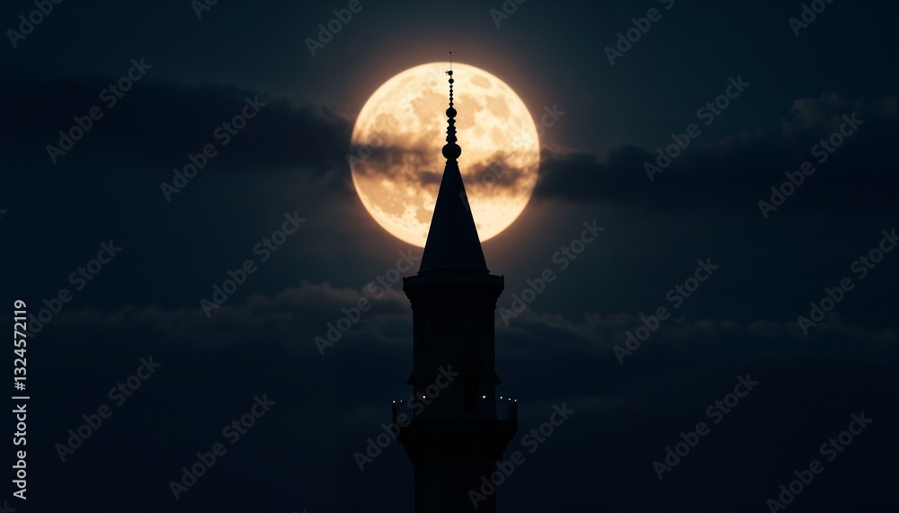Full moon behind a silhouette of a minaret against dark night sky