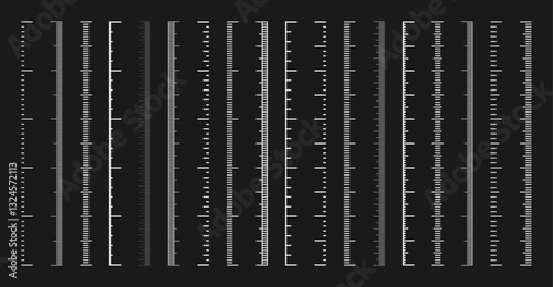 Vertical measurement scales with divisions. Realistic scale for measuring length or height in centimeters, millimeters or inches. Ruler, tape measure marks, size indicators. Vector illustration